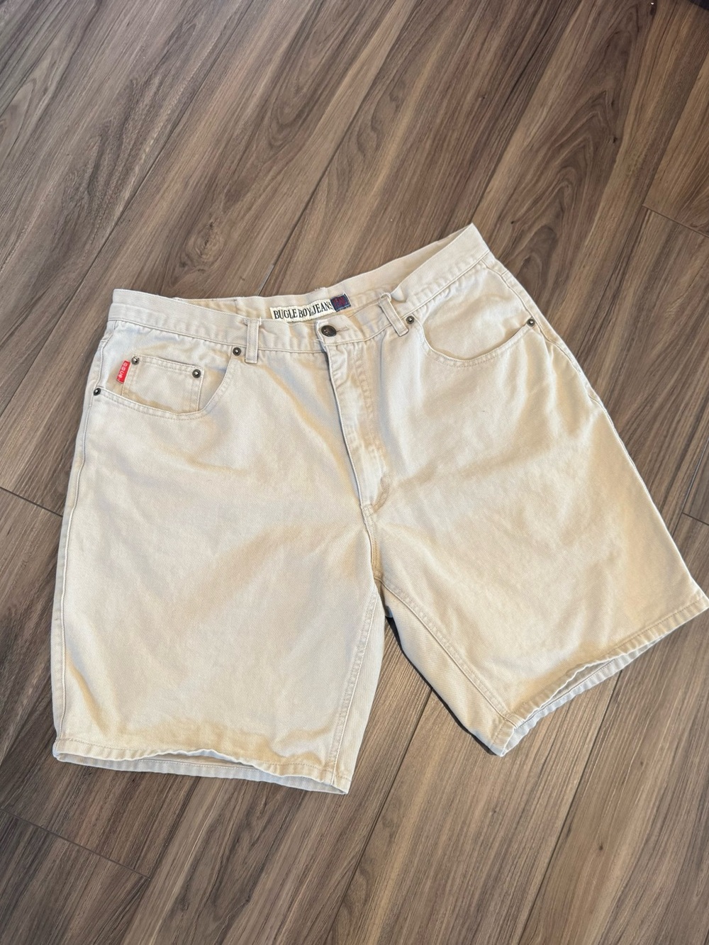 Vintage Bugle Boy Jeans Men’s Beige Denim Cotton Jorts 5-Pocket Button Logo